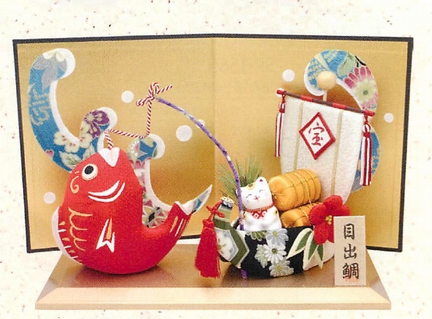 【新登場！日本製！ちりめんの暖かい風合い！お目出鯛(めでたい)お飾りできました！鯛釣り宝来猫】