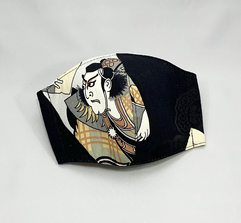 【ご紹介します！安心の日本製！正絹100％×日本の伝統美！】京友禅マスク M 歌舞伎C 黒