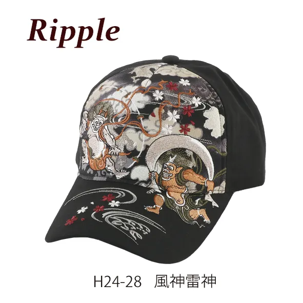 【新登場！大胆に大きく入った刺繍が個性的！Ripple 刺繍 綿 キャップ】風神雷神/黒