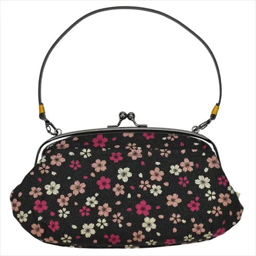 【新登場！お出かけに便利！かわいいお花柄！Ripple ガマ口２WAY ショルダー】桜 ブラック