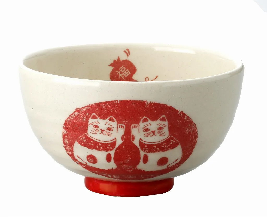 【新登場！安心の日本製！クラフトマンハウスの食器！】組招き猫飯碗・赤